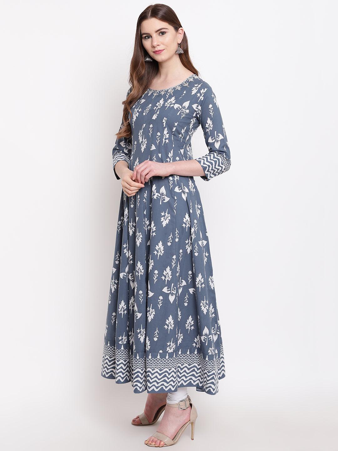 Divena Grey Cotton Gotta Patti Work Anarkali Kurta - divena world-Mohi