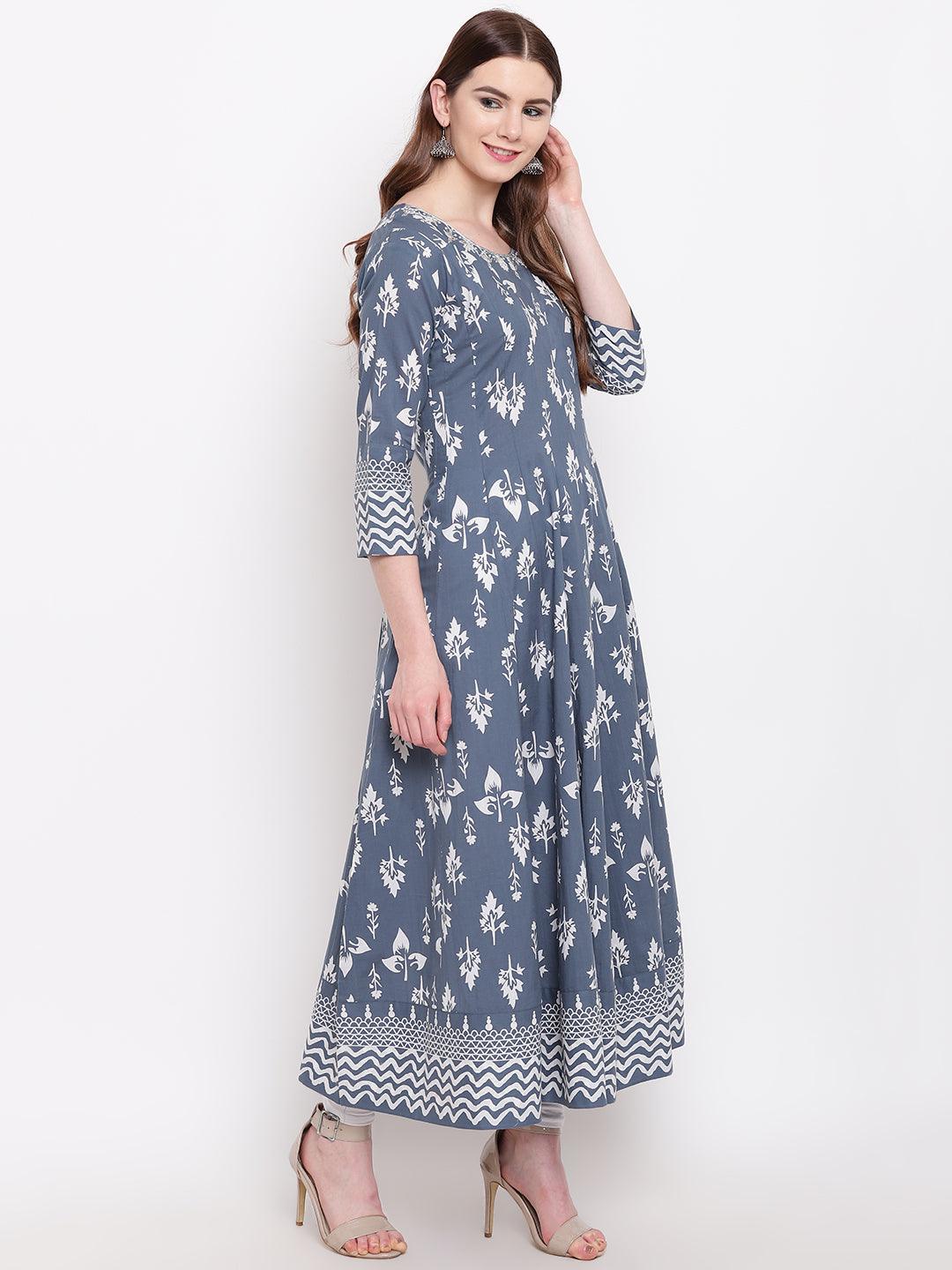 Divena Grey Cotton Gotta Patti Work Anarkali Kurta - divena world-Mohi