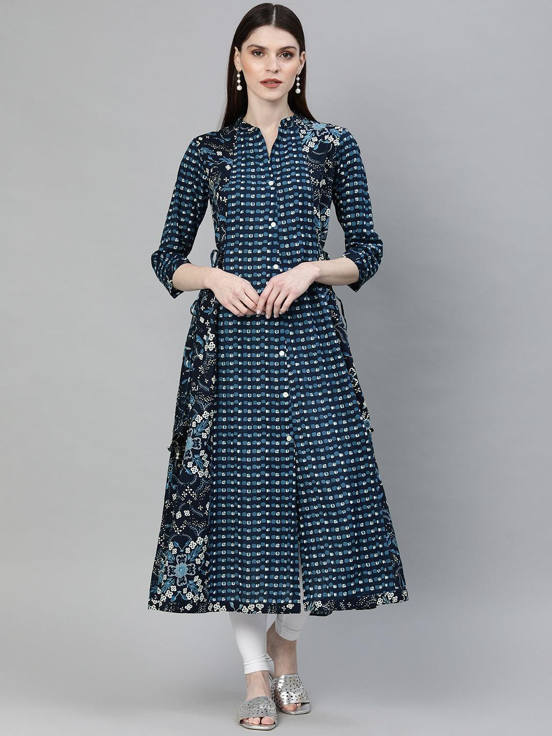 Divena Navy Blue Printed A- Line Kurta - divena world-Mohi