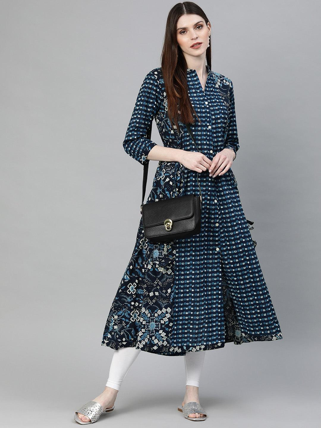 Divena Navy Blue Printed A- Line Kurta - divena world-Mohi