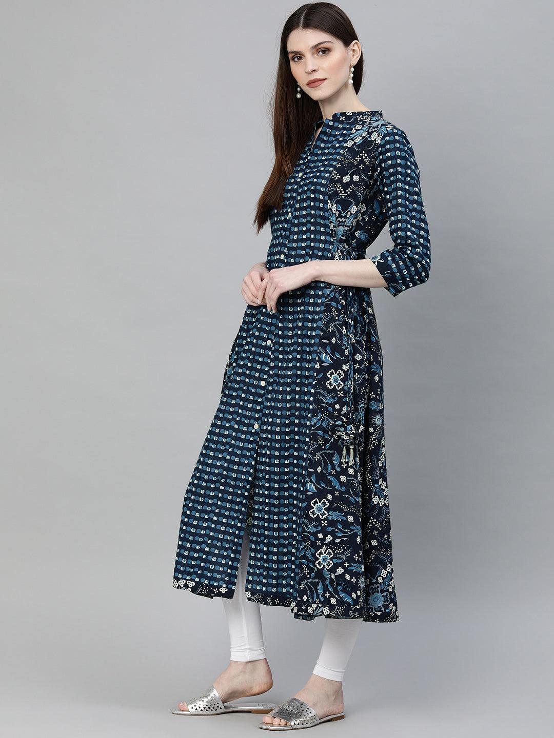 Divena Navy Blue Printed A- Line Kurta - divena world-Mohi