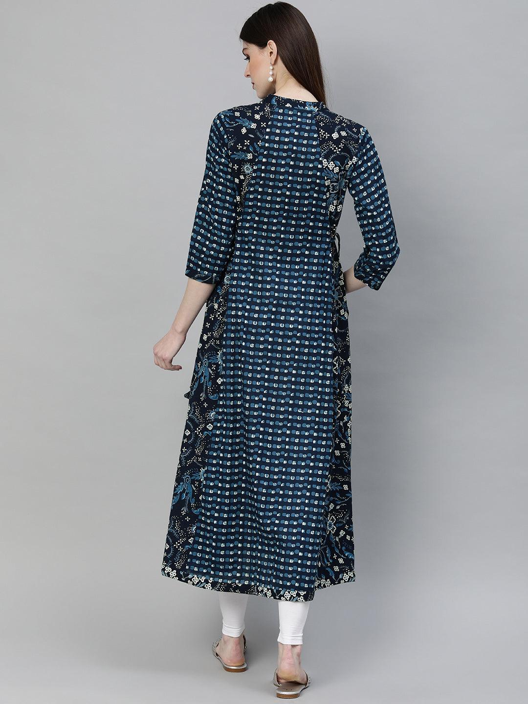 Divena Navy Blue Printed A- Line Kurta - divena world-Mohi