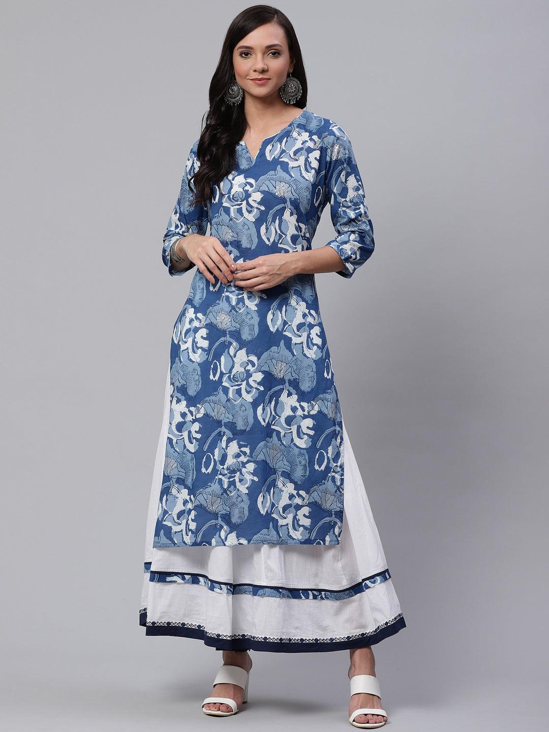 Divena Blue Cotton Kurta With Mulmul Sharara - divena world-Mohi