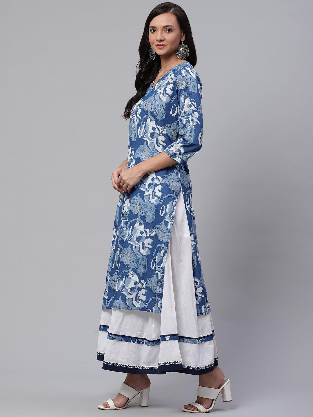 Divena Blue Cotton Kurta With Mulmul Sharara - divena world-Mohi