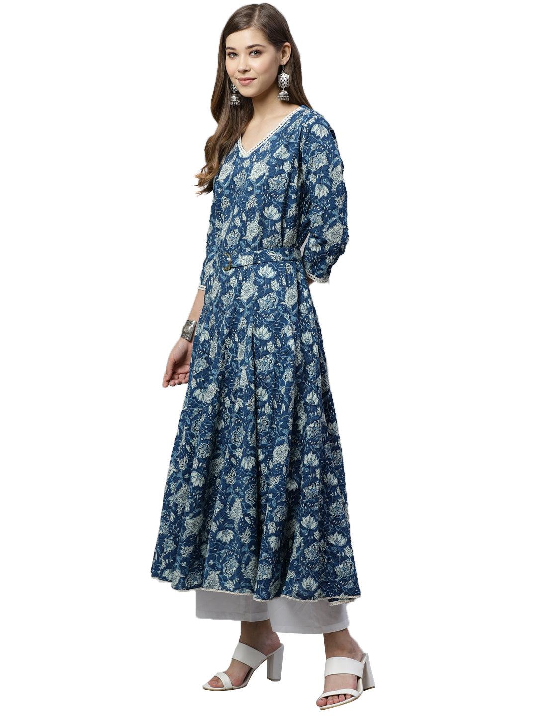 Divena Indigo Flaired Kurta With Belt - divena world-Mohi