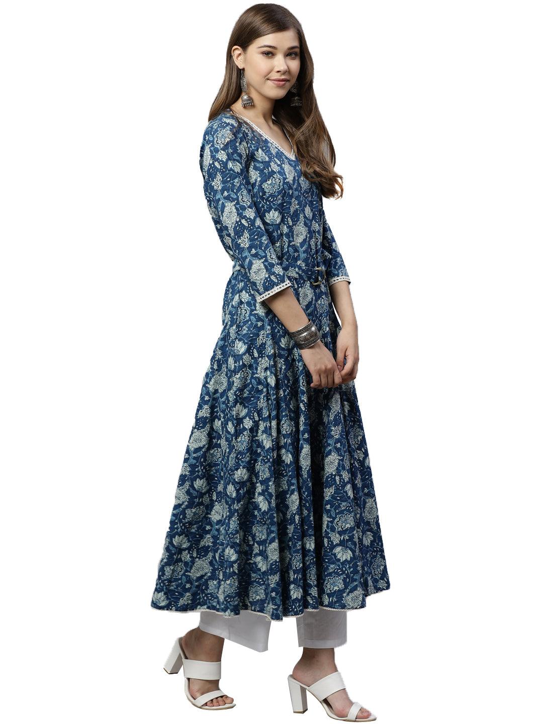 Divena Indigo Flaired Kurta With Belt - divena world-Mohi