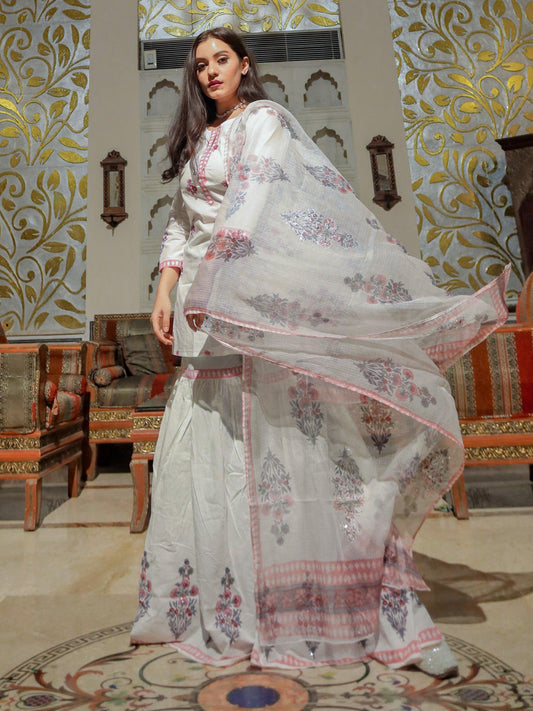 White Cotton Kurti Sharara With Kota Dori Dupatta