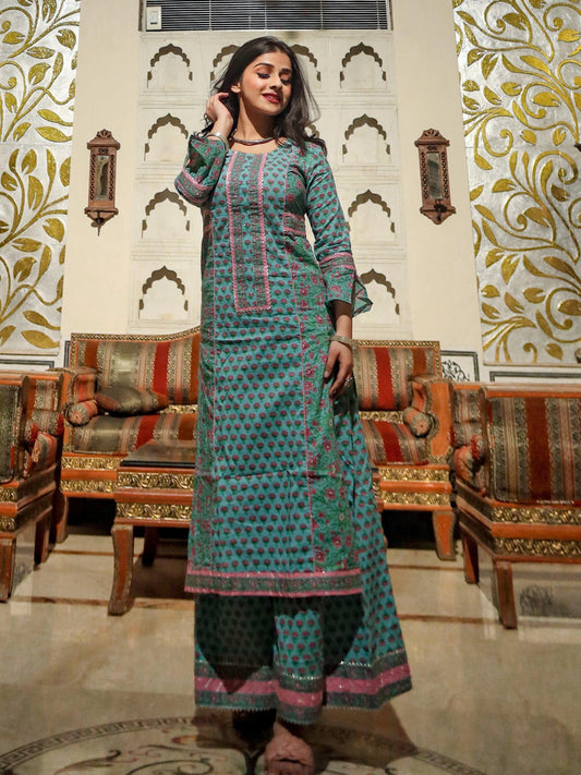 Blue Printed Straight Kurti With Palazzo Pants