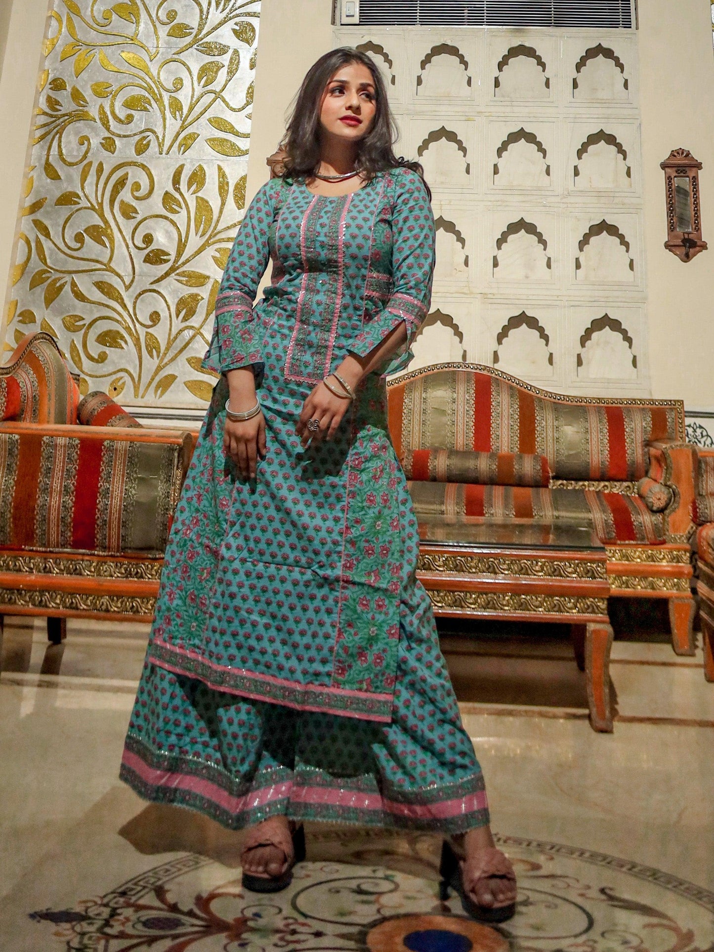 Blue Printed Straight Kurti With Palazzo Pants