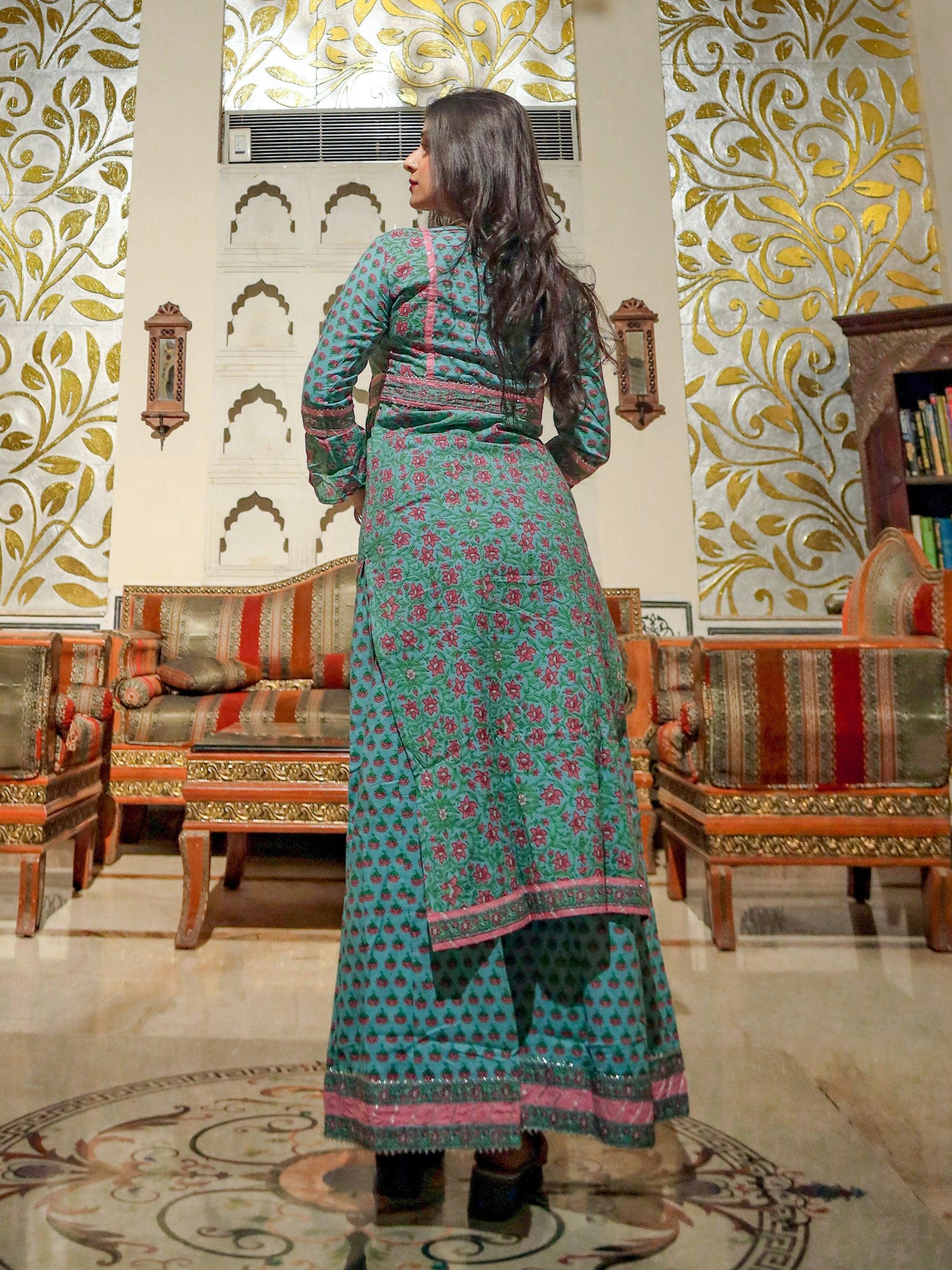 Blue Printed Straight Kurti With Palazzo Pants