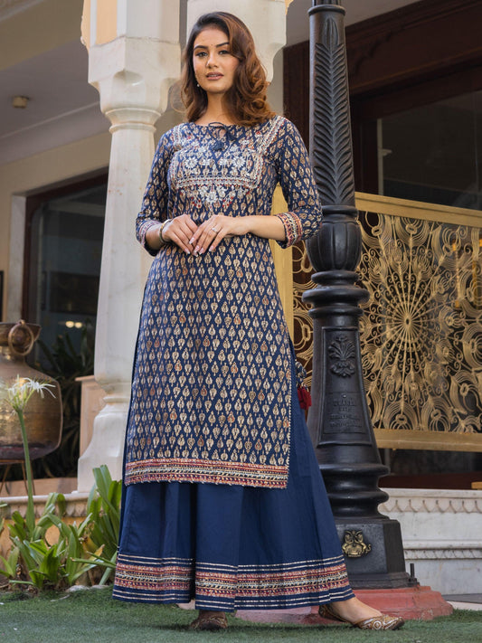 Navy Blue Cotton Gota Patti Work Palazzo Set