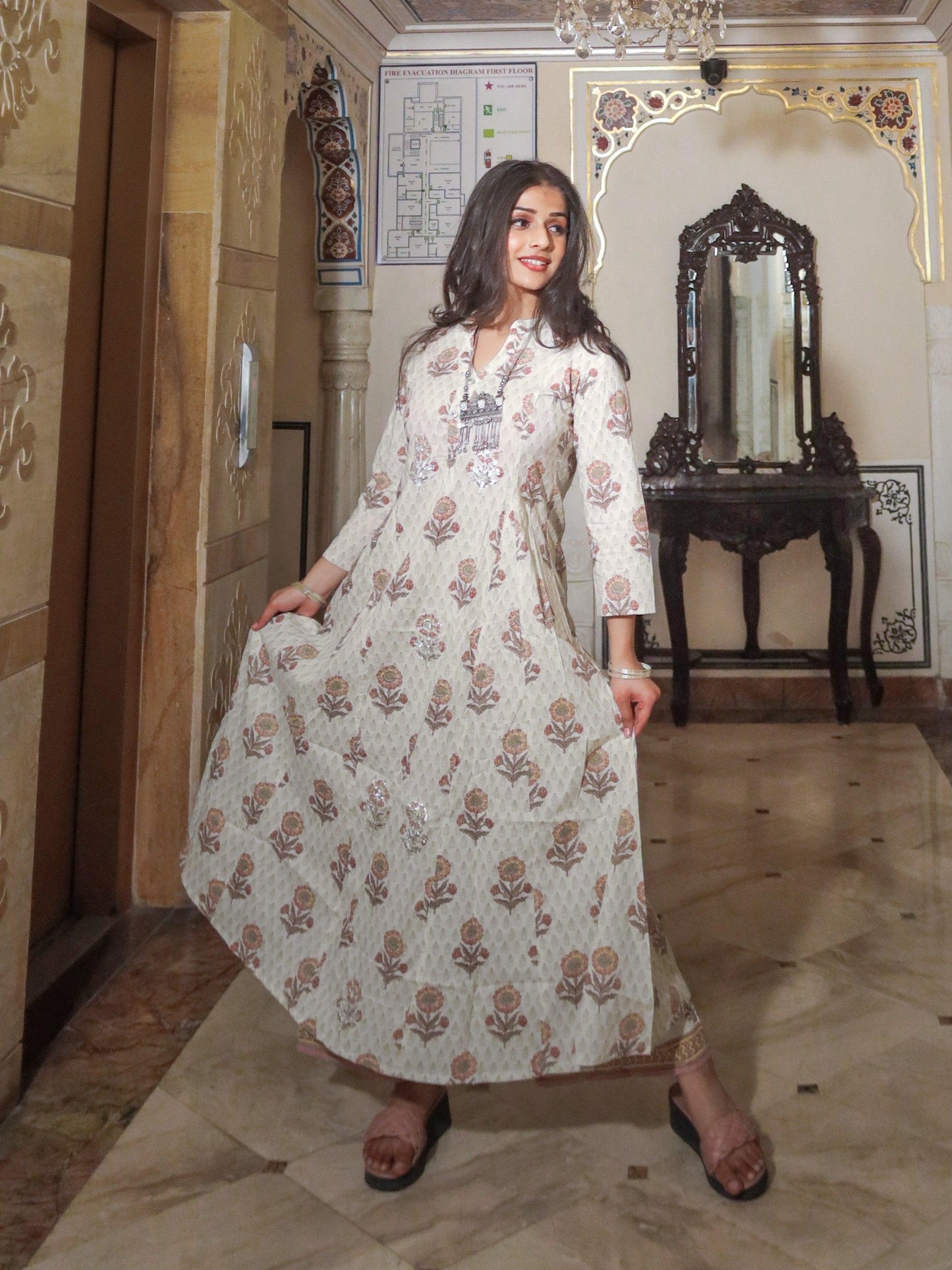 Ivory & White Print Cotton Kurti With Palazzo Set