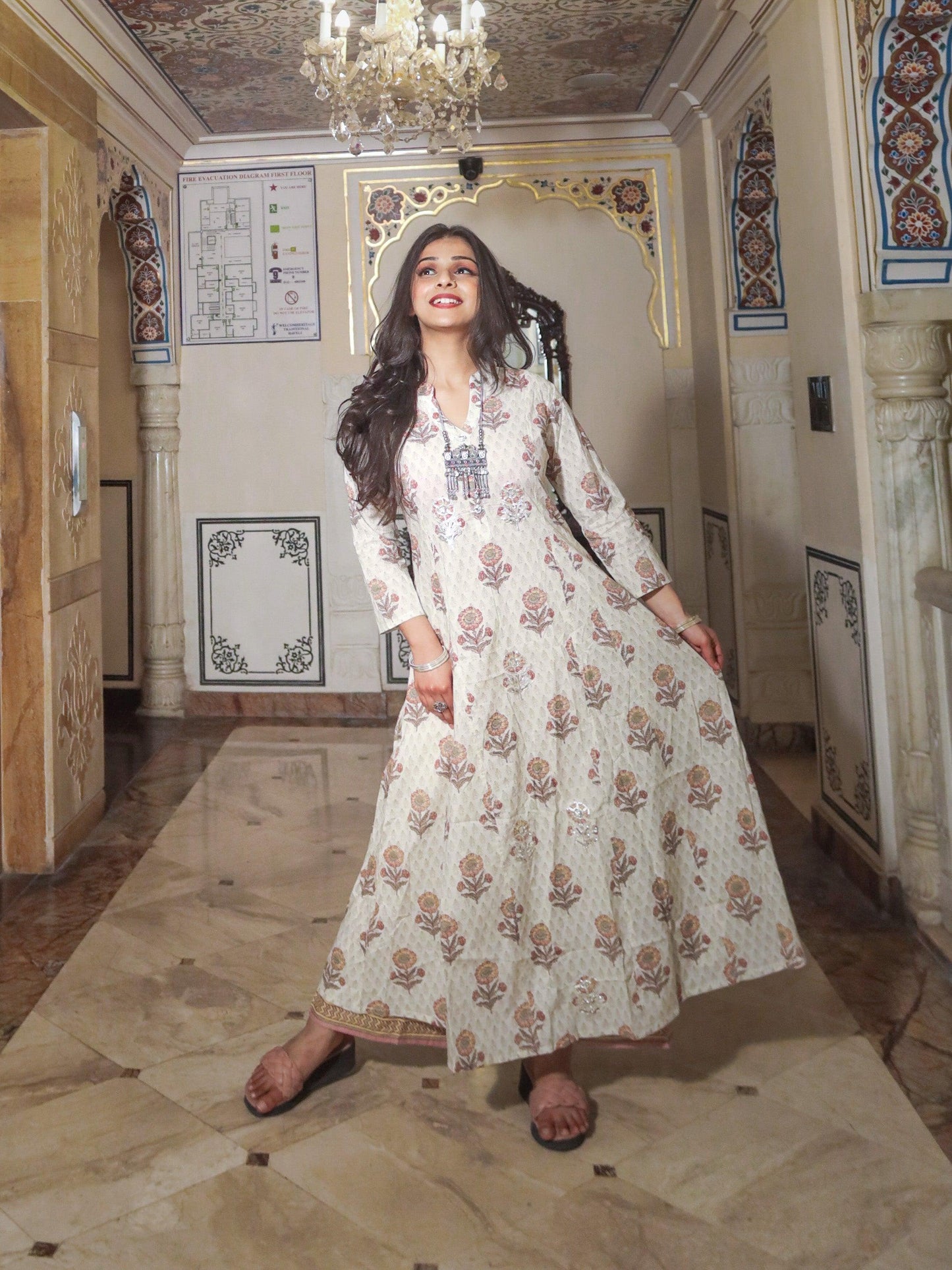 Ivory & White Print Cotton Kurti With Palazzo Set