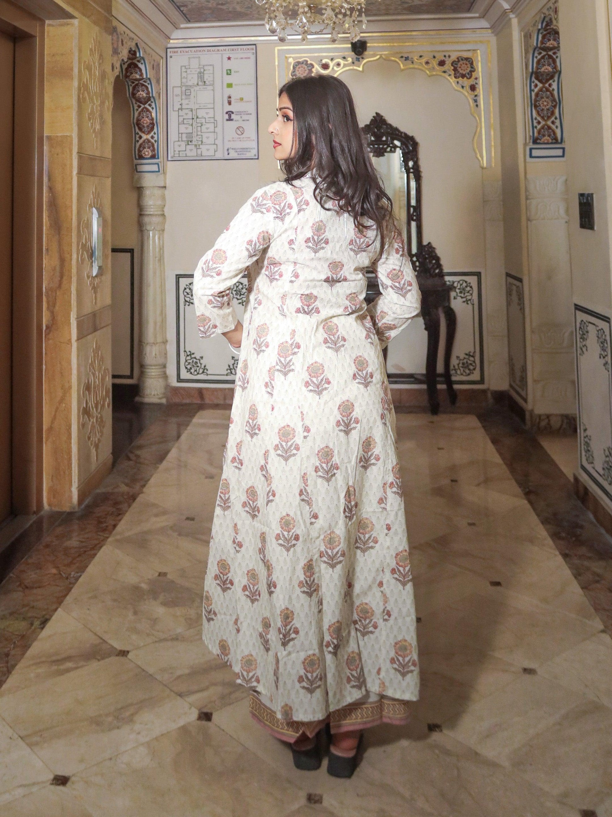 Ivory & White Print Cotton Kurti With Palazzo Set