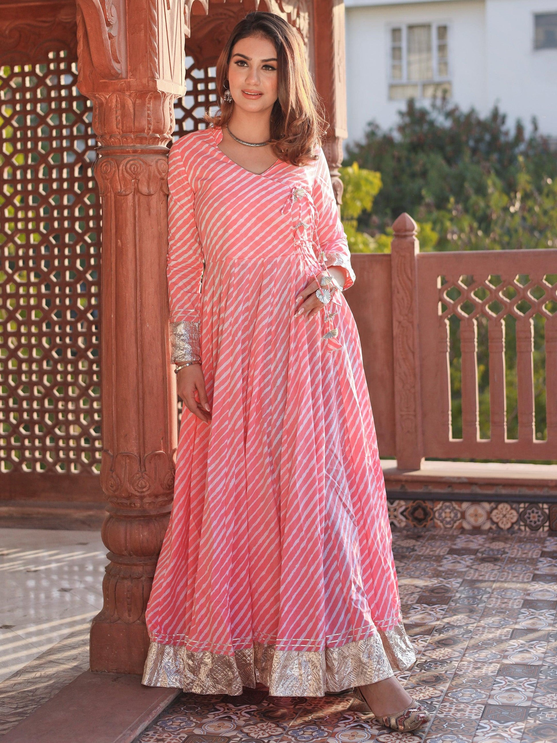 Divena Pink Leheriya Cotton Anarkali With Copper Lace - divenaworld.com