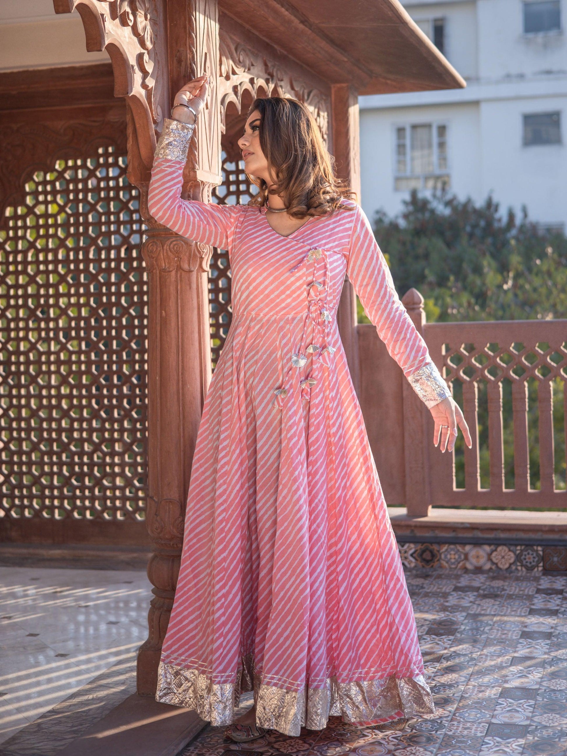 Divena Pink Leheriya Cotton Anarkali With Copper Lace - divenaworld.com