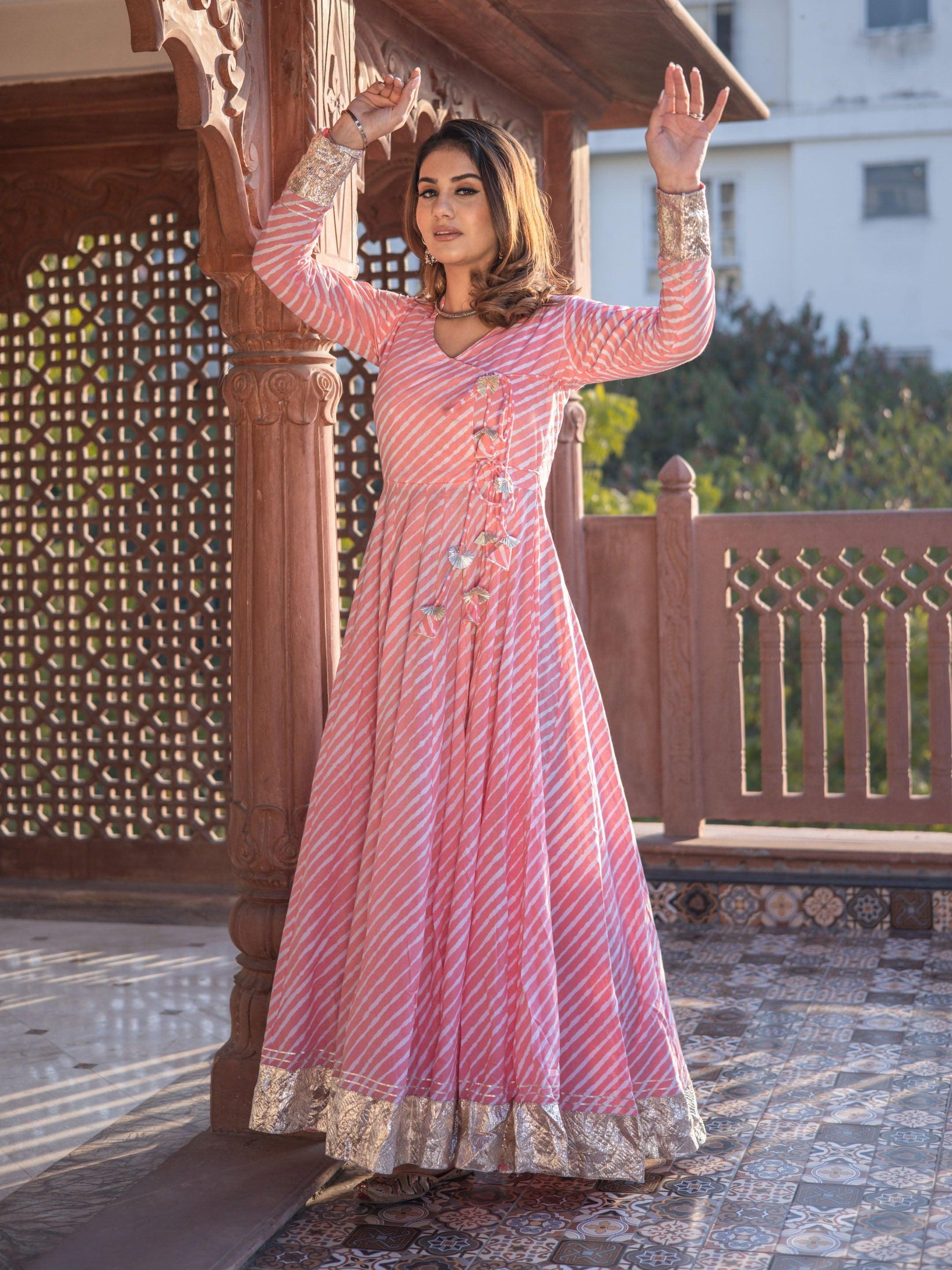 Divena Pink Leheriya Cotton Anarkali With Copper Lace - divenaworld.com