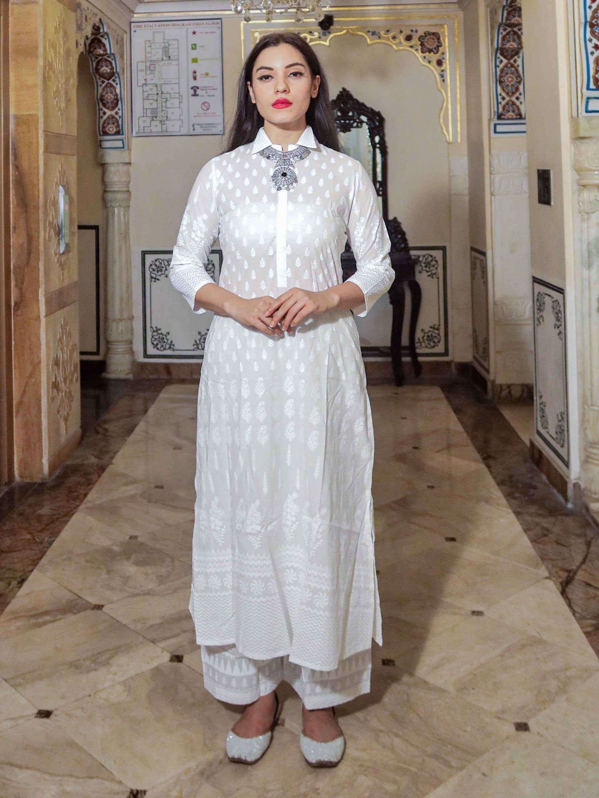 Divena White Printed Cotton Kurti With Palazzo - divenaworld.com