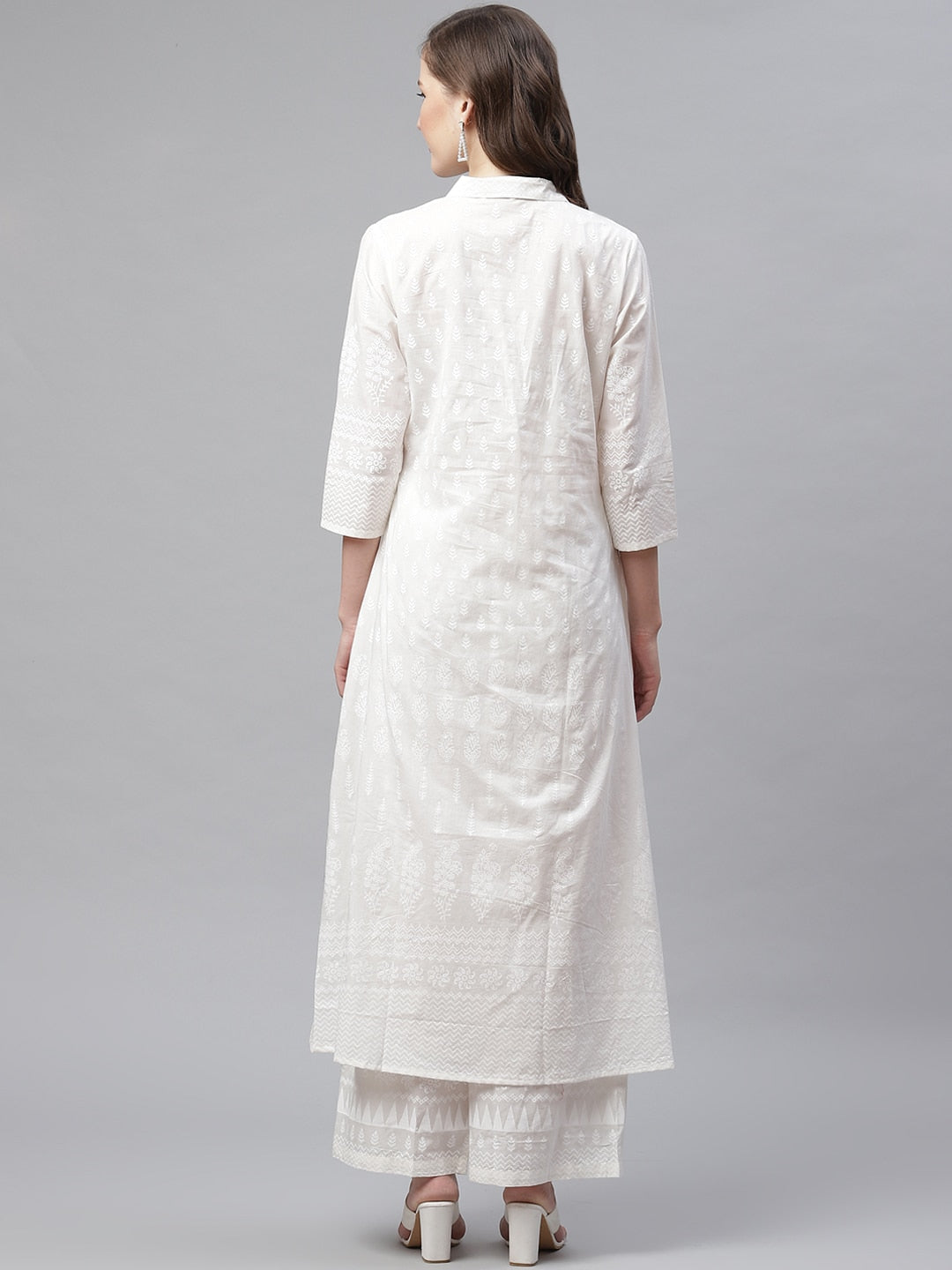 White Khari Print Cotton Kurti With Palazzo Set