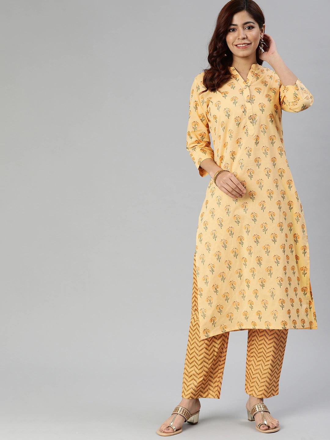 Divena Yellow Flower Print Cotton Kurta Set - divena world-Mohi