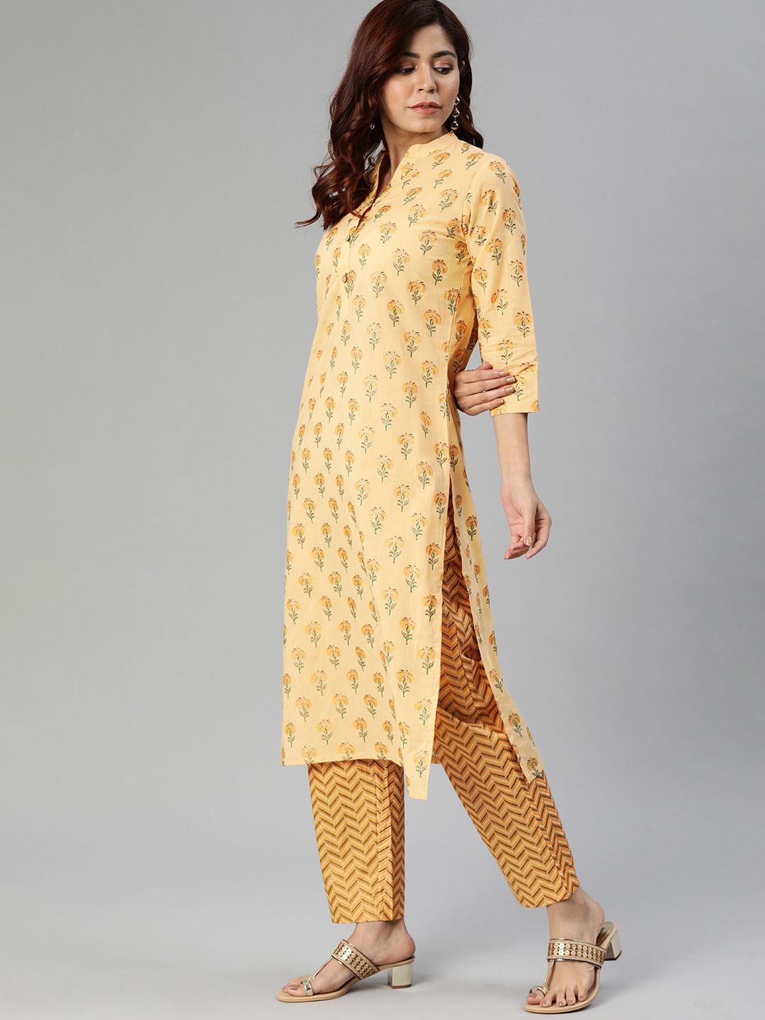 Divena Yellow Flower Print Cotton Kurta Set - divena world-Mohi