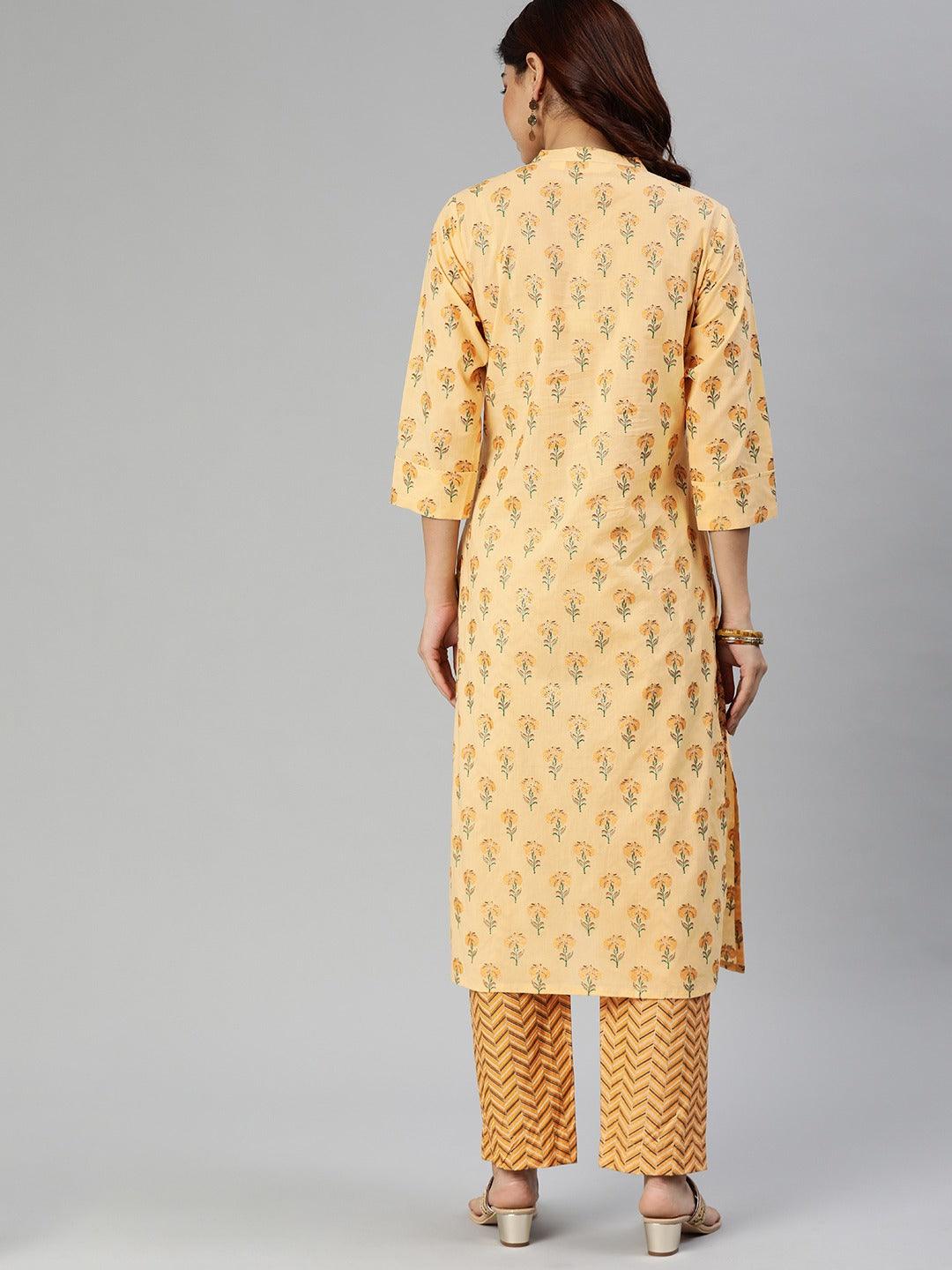 Divena Yellow Flower Print Cotton Kurta Set - divena world-Mohi