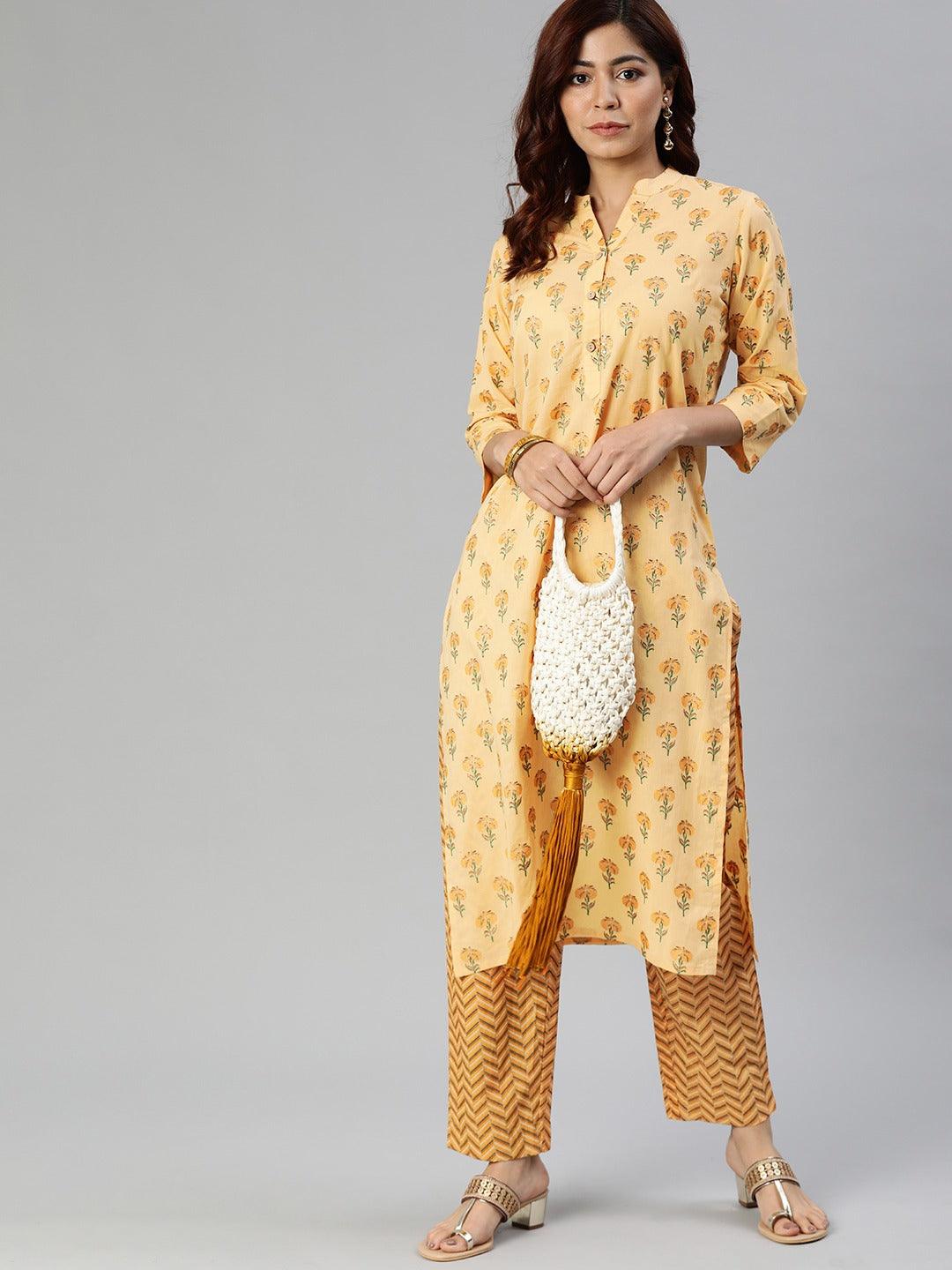 Divena Yellow Flower Print Cotton Kurta Set - divena world-Mohi