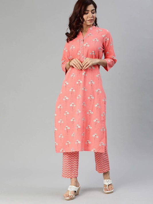 Divena Pink Flower Print Cotton Kurta Set - divena world-Mohi