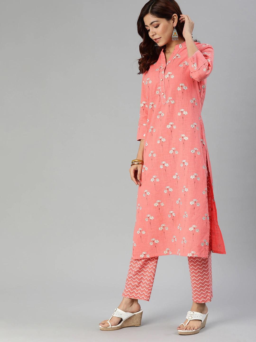 Divena Pink Flower Print Cotton Kurta Set - divena world-Mohi