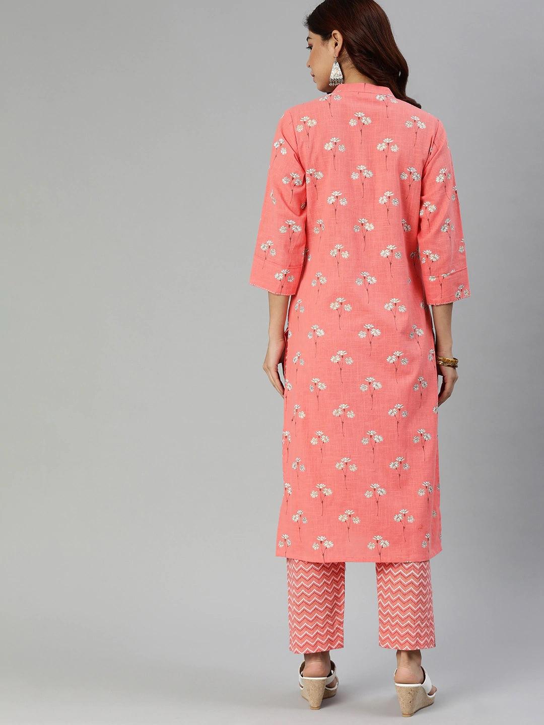 Divena Pink Flower Print Cotton Kurta Set - divena world-Mohi