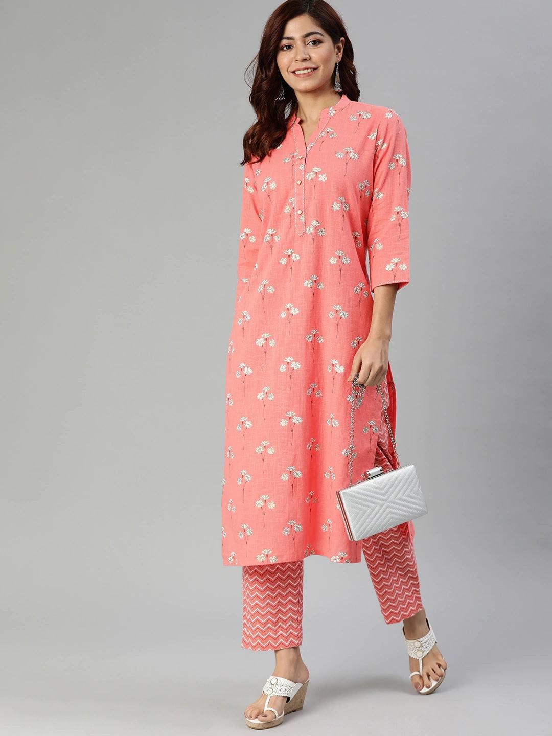 Divena Pink Flower Print Cotton Kurta Set - divena world-Mohi