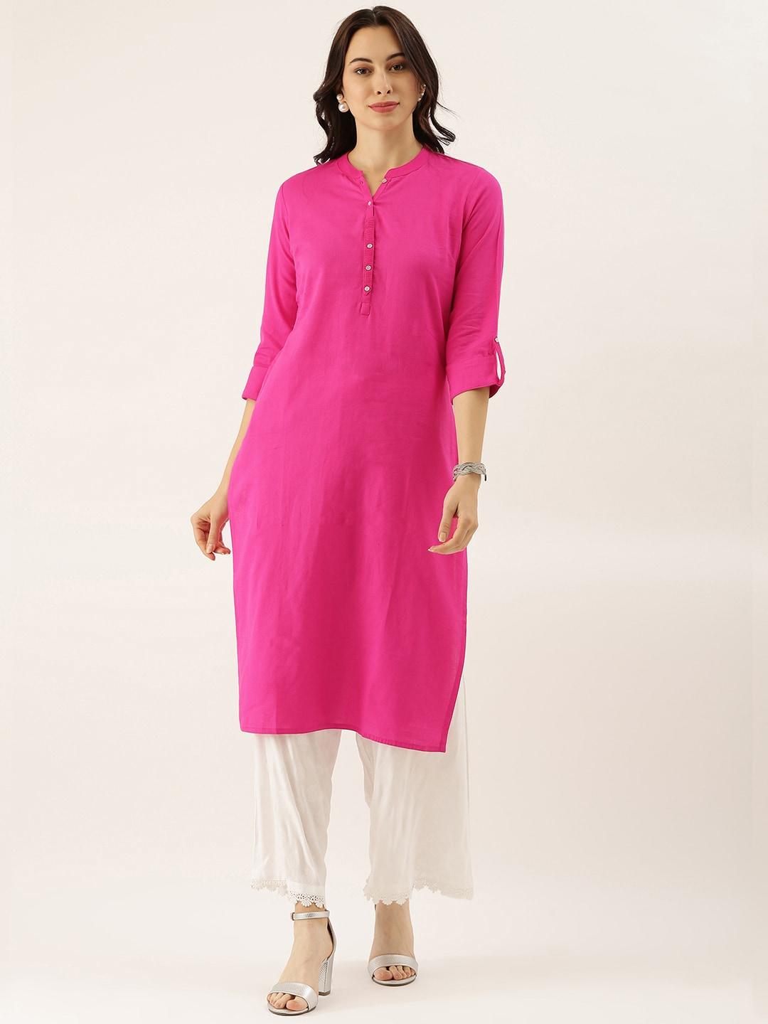 Divena Pink Solid Straight Roll up Sleeve Kurti - divena world-Mohi