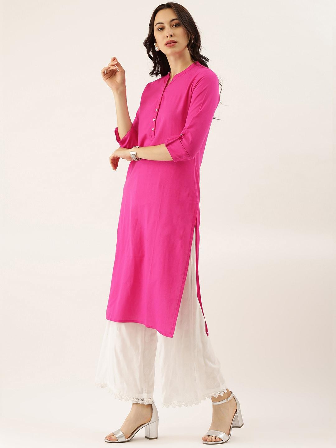 Divena Pink Solid Straight Roll up Sleeve Kurti - divena world-Mohi