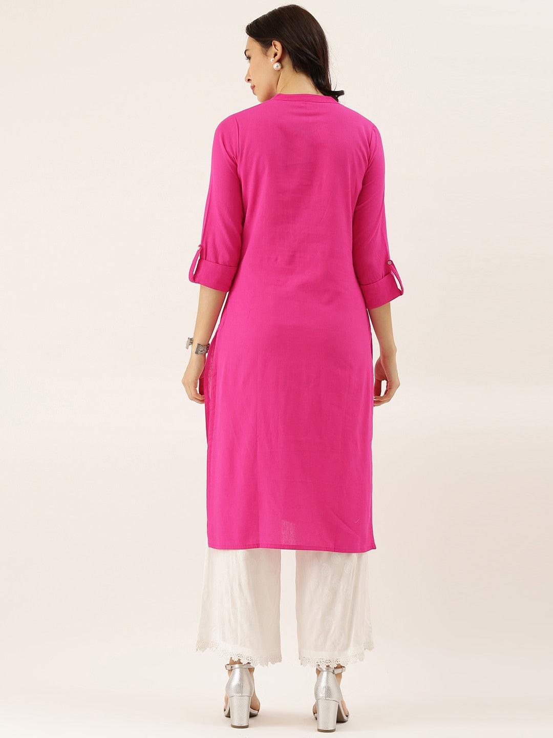 Divena Pink Solid Straight Roll up Sleeve Kurti - divena world-Mohi