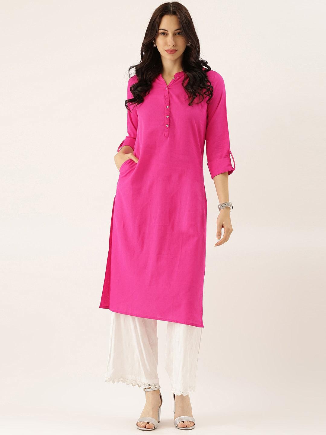 Divena Pink Solid Straight Roll up Sleeve Kurti - divena world-Mohi