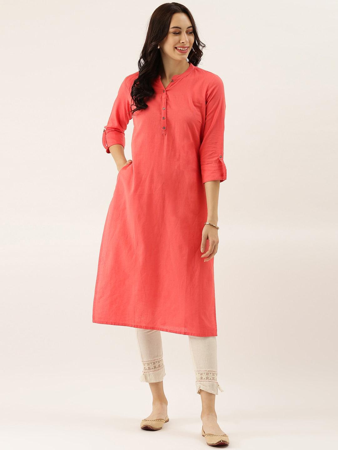 Divena Peach Solid Straight Roll up Sleeve Kurti - divena world-Mohi