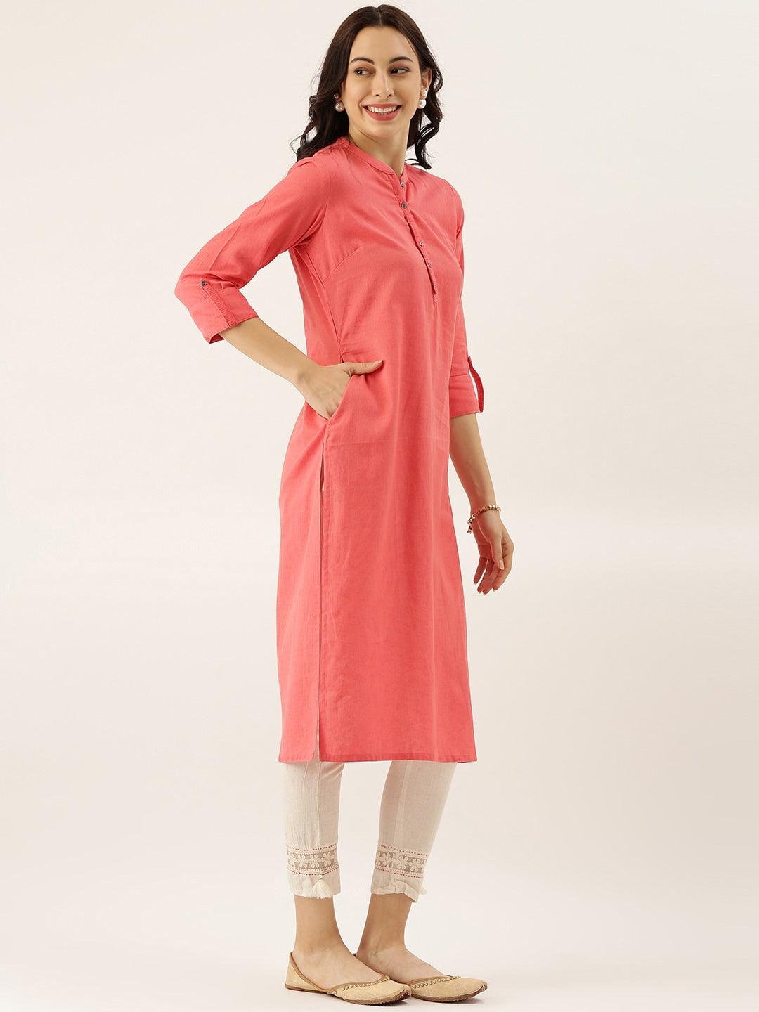 Divena Peach Solid Straight Roll up Sleeve Kurti - divena world-Mohi