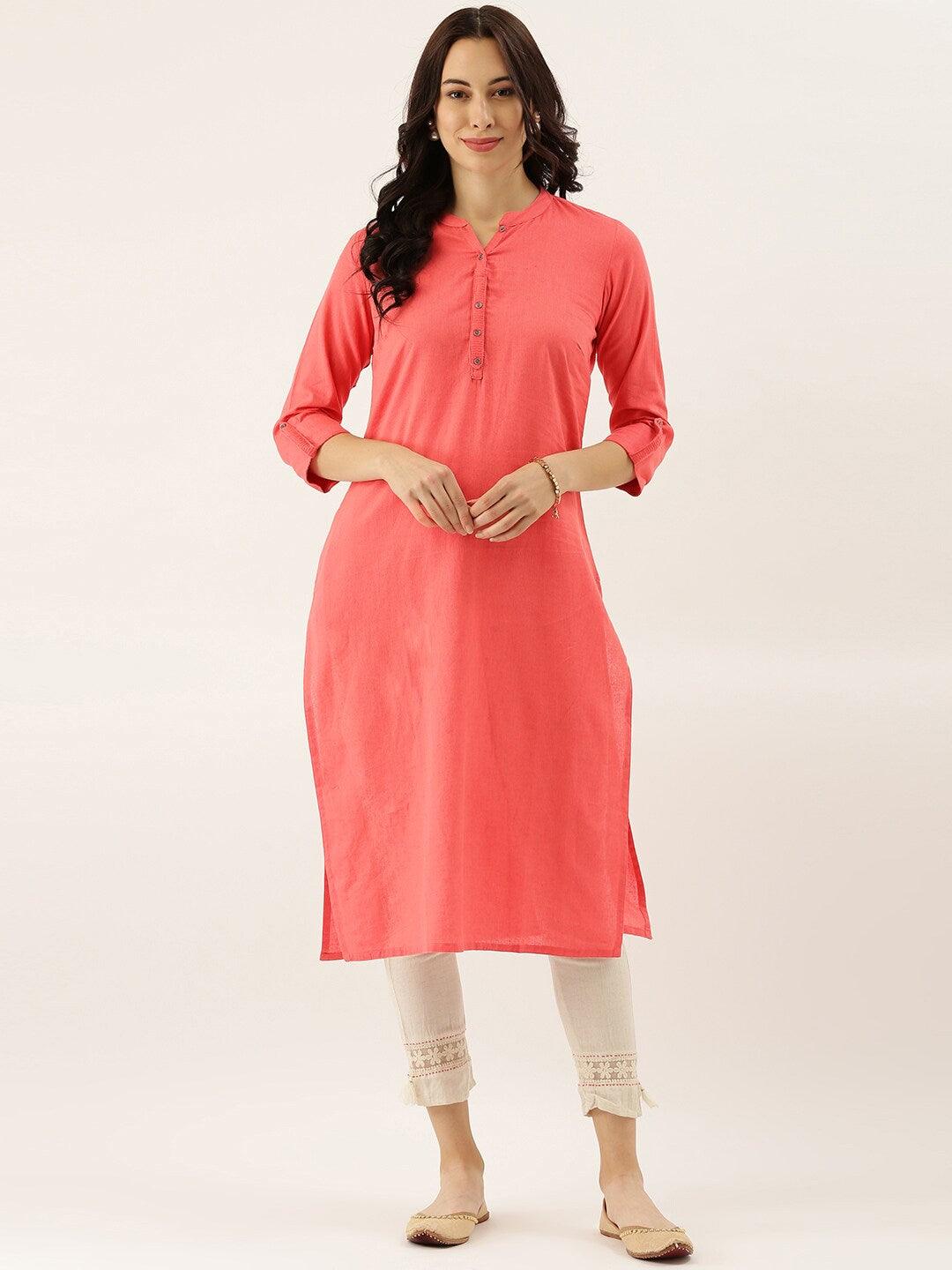 Divena Peach Solid Straight Roll up Sleeve Kurti - divena world-Mohi