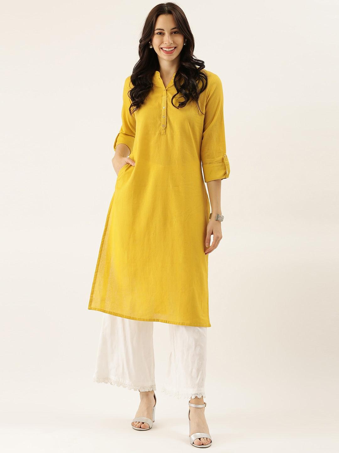 Divena Yellow Solid Straight Roll up Sleeve Kurti - divena world-Mohi