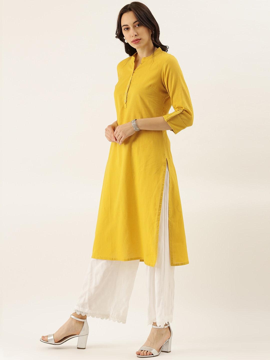 Divena Yellow Solid Straight Roll up Sleeve Kurti - divena world-Mohi