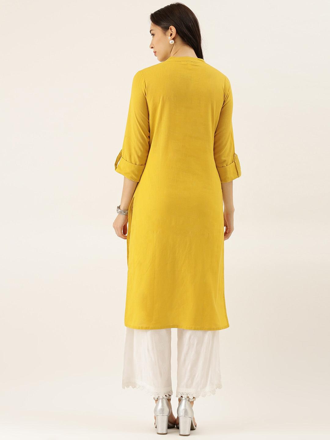 Divena Yellow Solid Straight Roll up Sleeve Kurti - divena world-Mohi