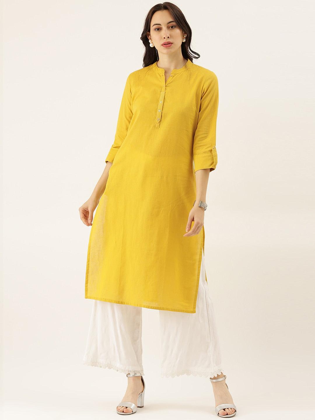 Divena Yellow Solid Straight Roll up Sleeve Kurti - divena world-Mohi