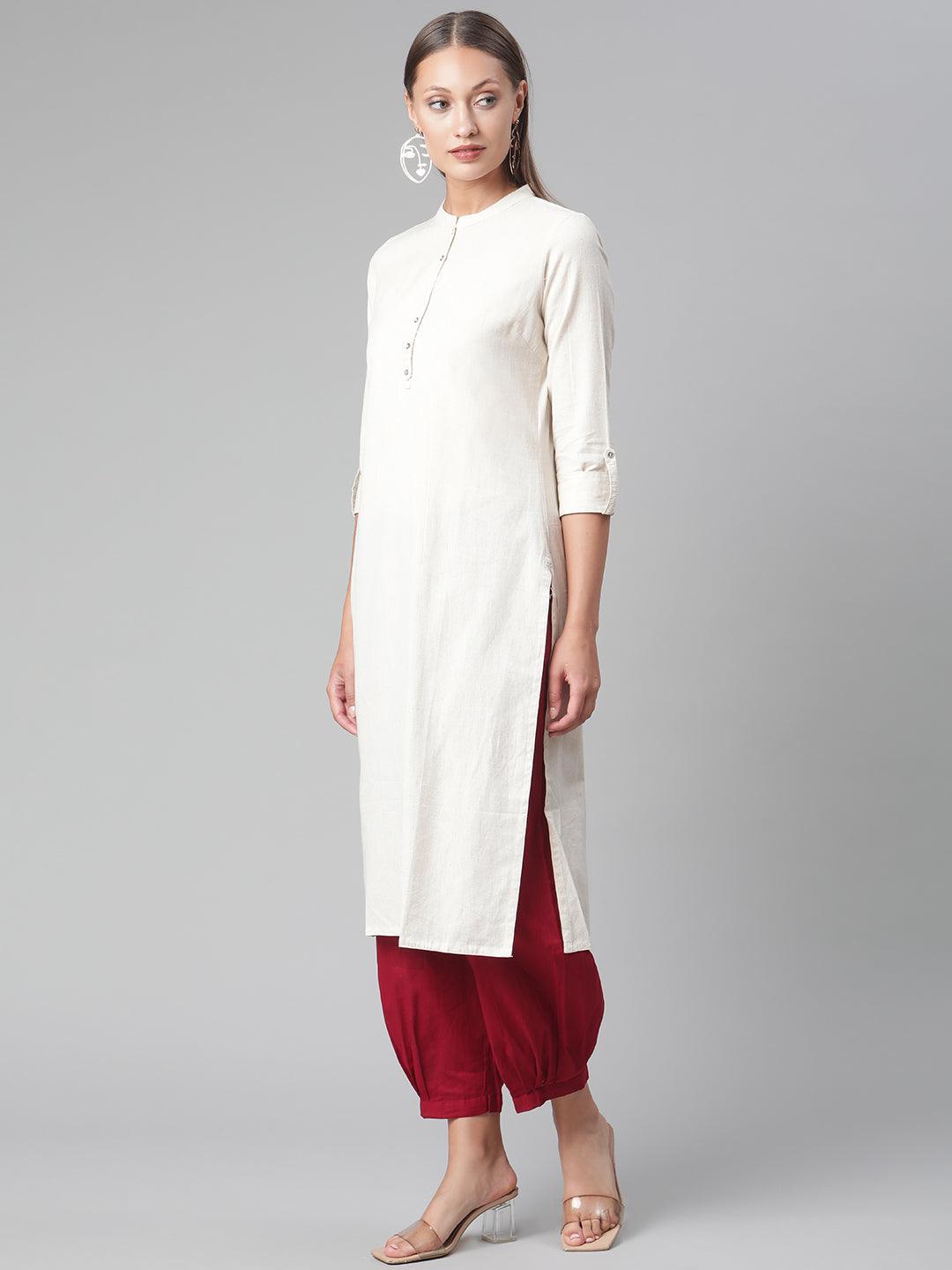 Divena Solid Beige Cotton Kurta - divena world-Mohi