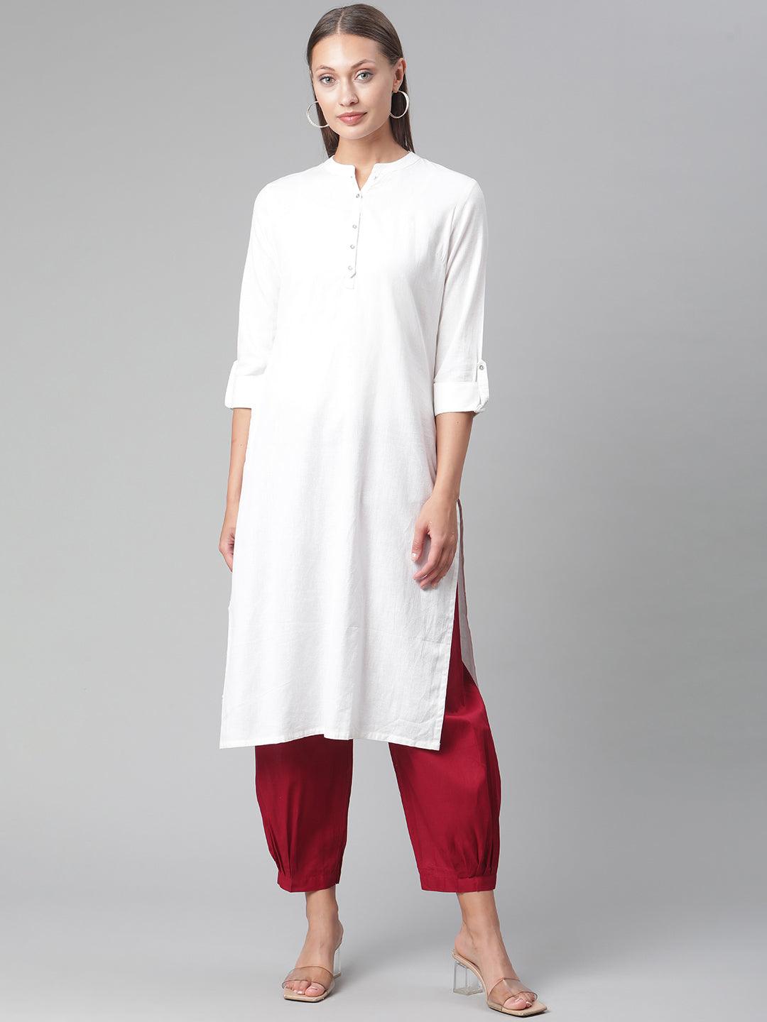 Divena White Solid Pure Cotton Straight Kurta - divena world-Mohi