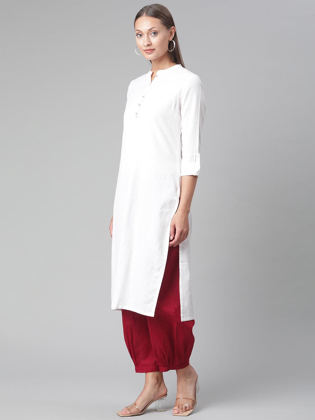 Divena White Solid Pure Cotton Straight Kurta - divena world-Mohi