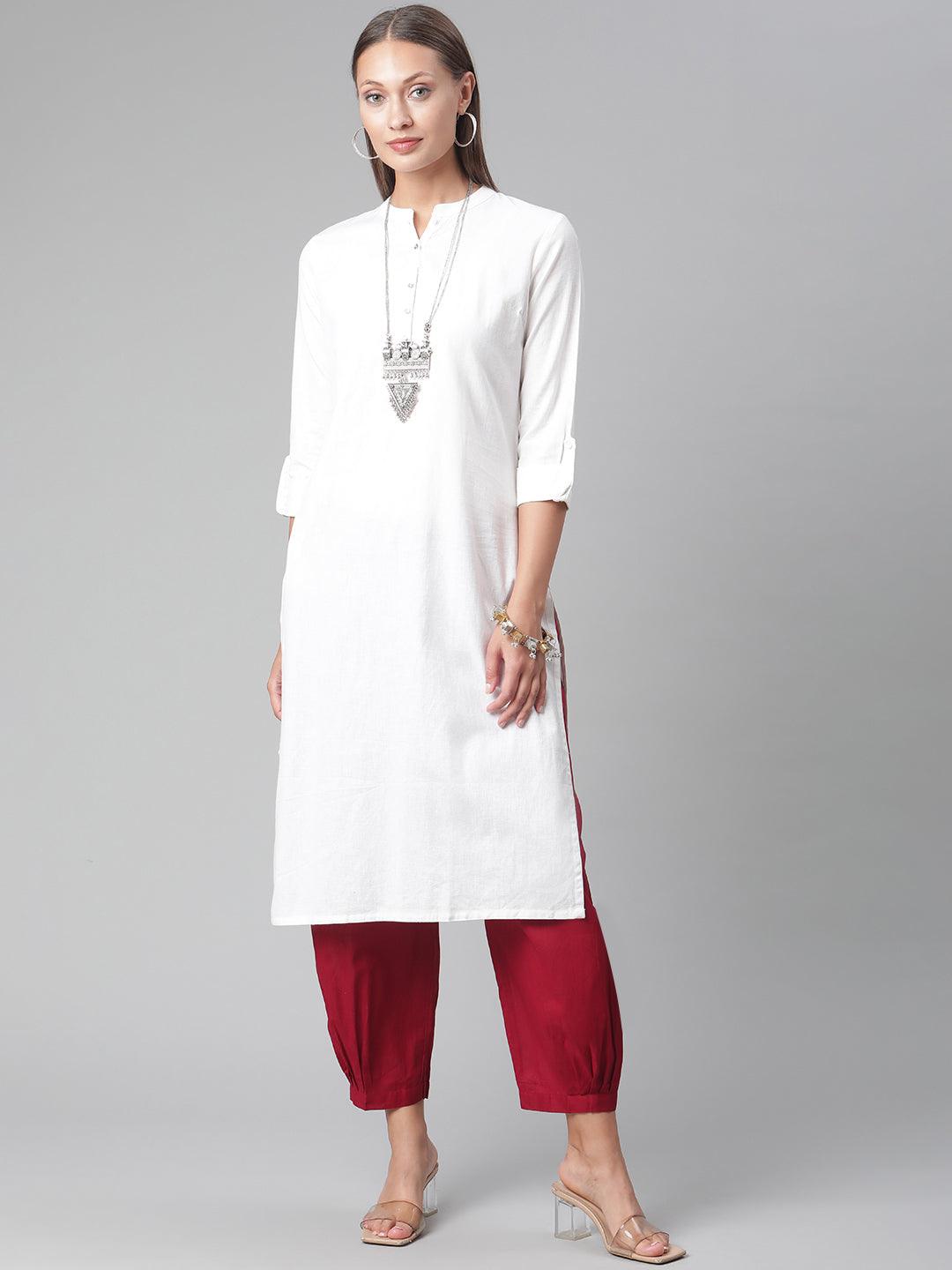 Divena White Solid Pure Cotton Straight Kurta - divena world-Mohi