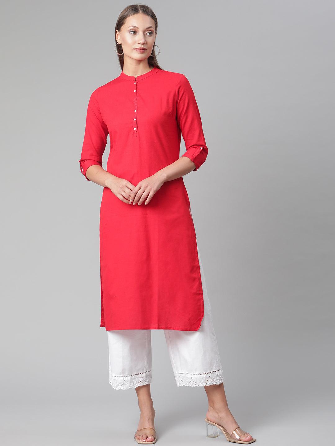 Divena Red Cotton Straight Kurti - divena world-Mohi