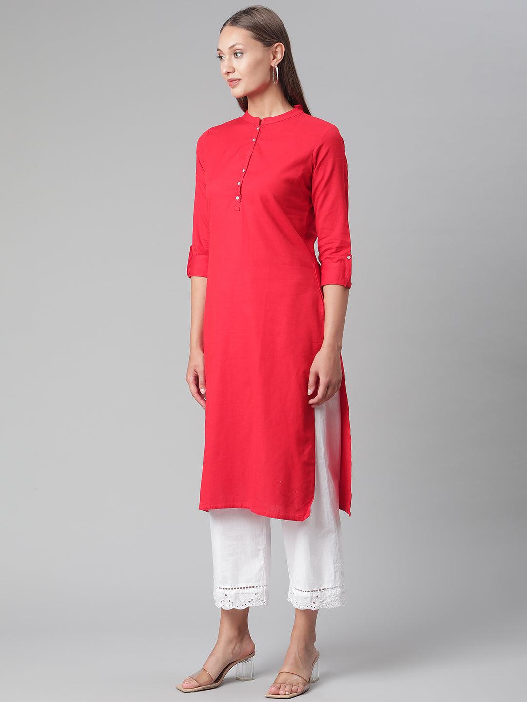 Divena Red Cotton Straight Kurti - divena world-Mohi