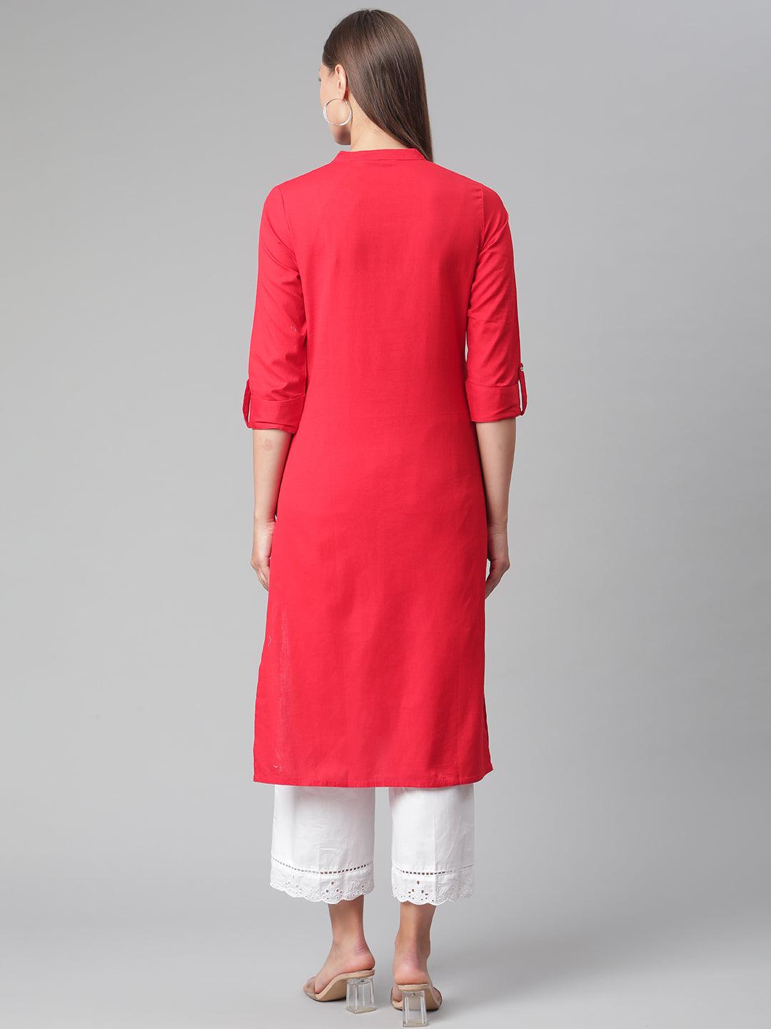 Divena Red Cotton Straight Kurti - divena world-Mohi