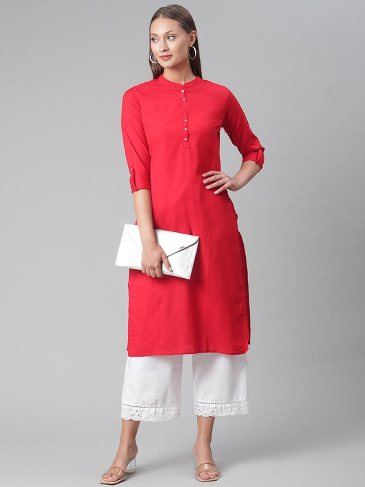 Divena Red Cotton Straight Kurti - divena world-Mohi